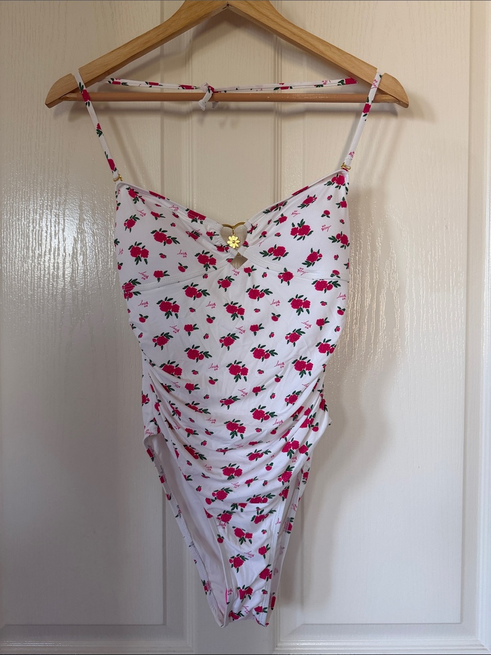Betsey Johnson White Swimsuit with Pink Rose Print